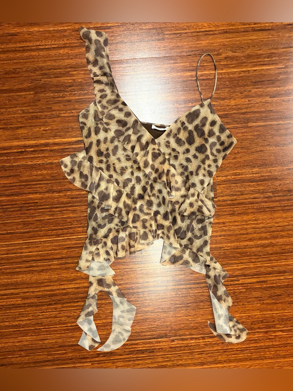 Zara leopard print tulle top featuring asymmetric straps, ruffle Size Medium